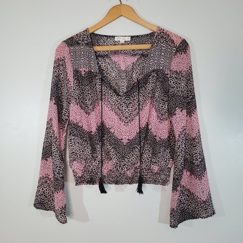 love, Fire Black and Pink Crop Top Dotted Print Long Sleeve Sheer Crop T… - Picture 1 of 8